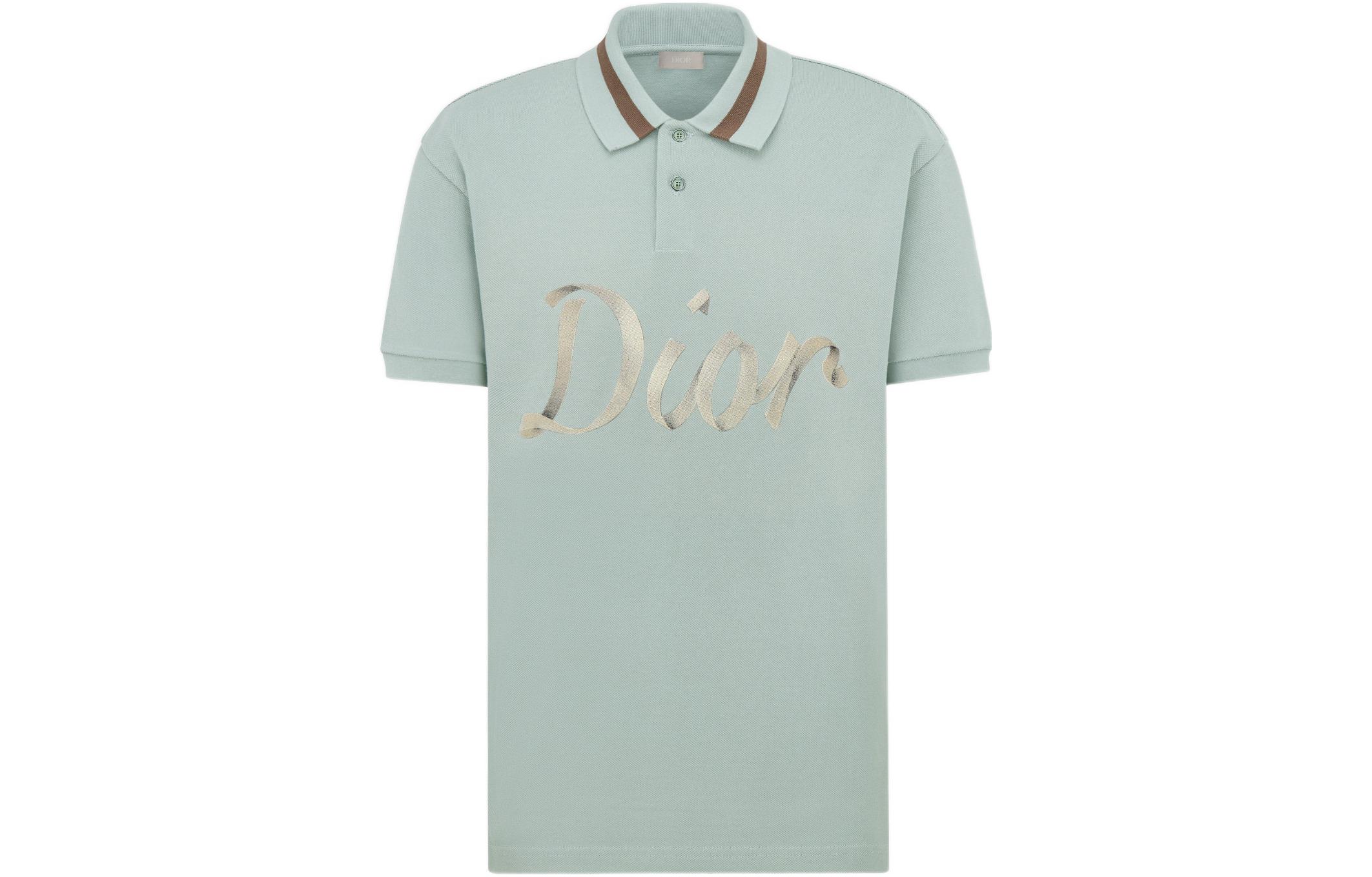 DIOR Letter Print Button Straight-Cut Polo Shirt Green - 293J831A0455-C680