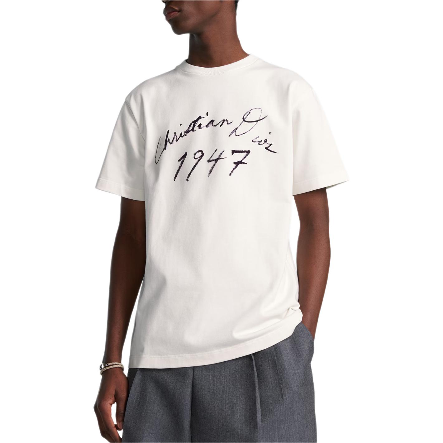 Shop 디올 레터 프린트 오버사이즈 반팔 티셔츠 화이트 남성 SS24 493J696F0554-C088