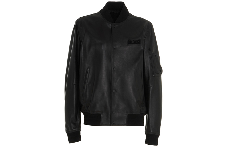 DIOR Logo Pattern Long Sleeve Leather Jacket Black 033L413A0486-C900