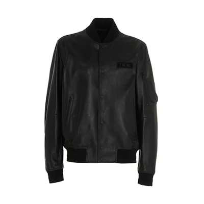 DIOR Logo Pattern Long Sleeve Leather Jacket Black 033L413A0486-C900