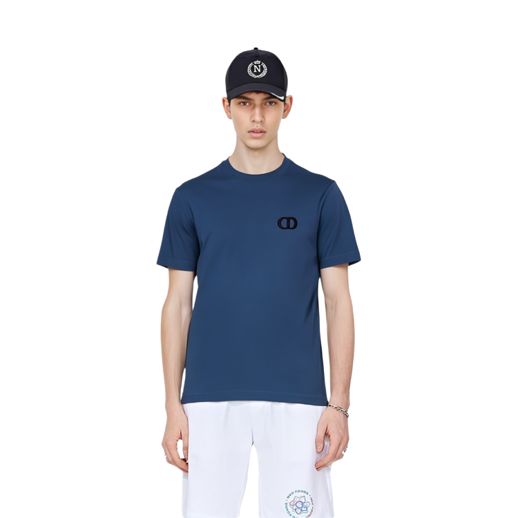 Shop DIOR 經典標誌純色男士藍色圓領T恤 943J605A0554-C537
