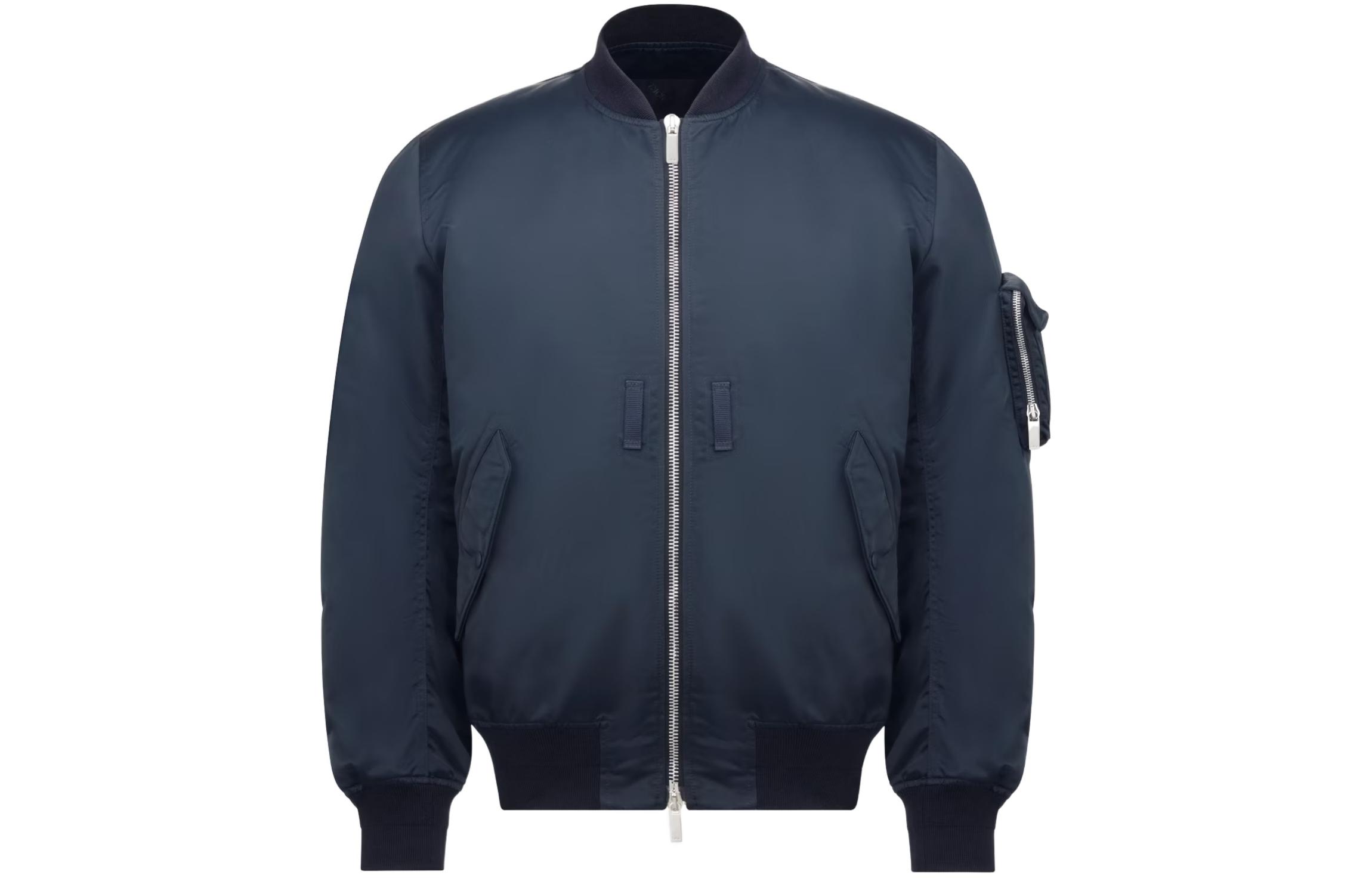 DIOR Men’s FW23 Navy Blue Solid Logo Embroidered Bomber Jacket 413C411A6007-C585