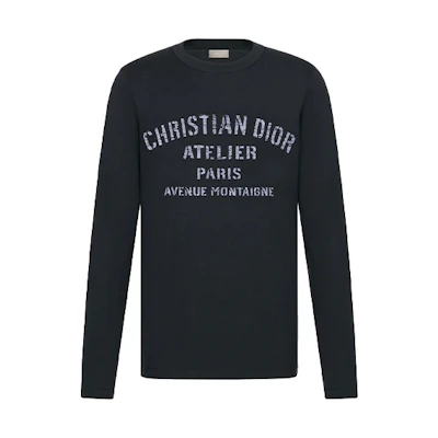 DIOR Navy Blue Letter Print Long Sleeve T-Shirt 043J611A0589-C589