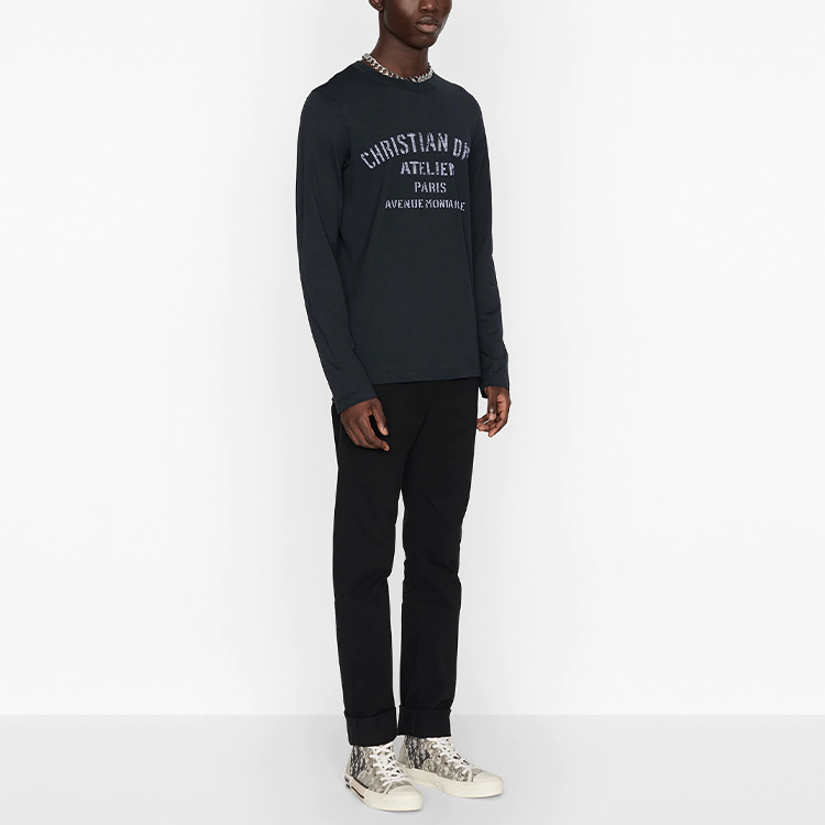 Shop ディオール ネイビーブルー レタープリント 長袖Tシャツ 043J611A0589-C589