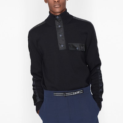 DIOR Navy Blue Sweater with Print Patch, High Collar, Long Sleeve 113M623AT192-C585 Purchase DIOR Navy Blue Sweater with Print Patch, High Collar, Long Sleeve 113M623AT192-C585