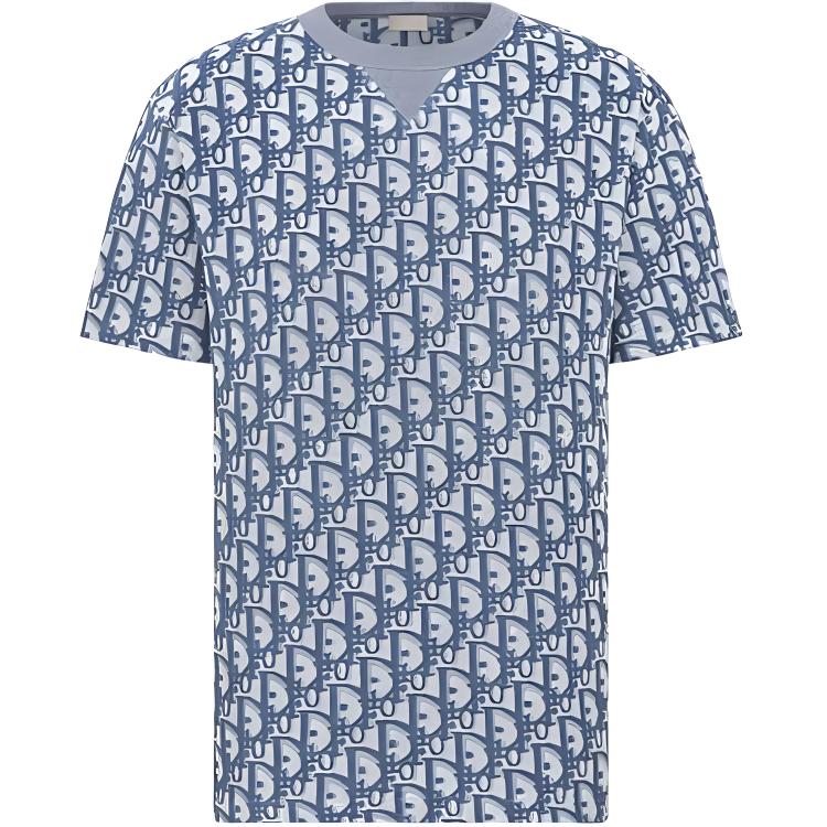 DIOR Oblique Print Oversized Cotton-Blend Blue T-Shirt for Men. 483J646A0906-C185
