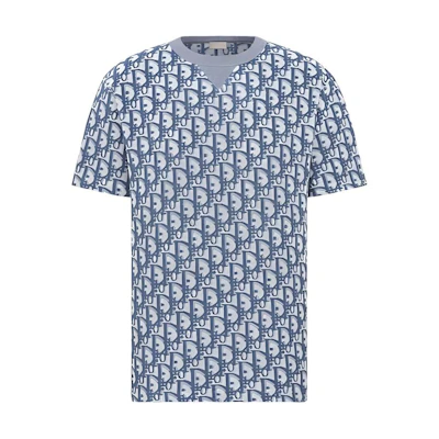 DIOR Oblique Print Oversized Cotton-Blend Blue T-Shirt for Men. 483J646A0906-C185