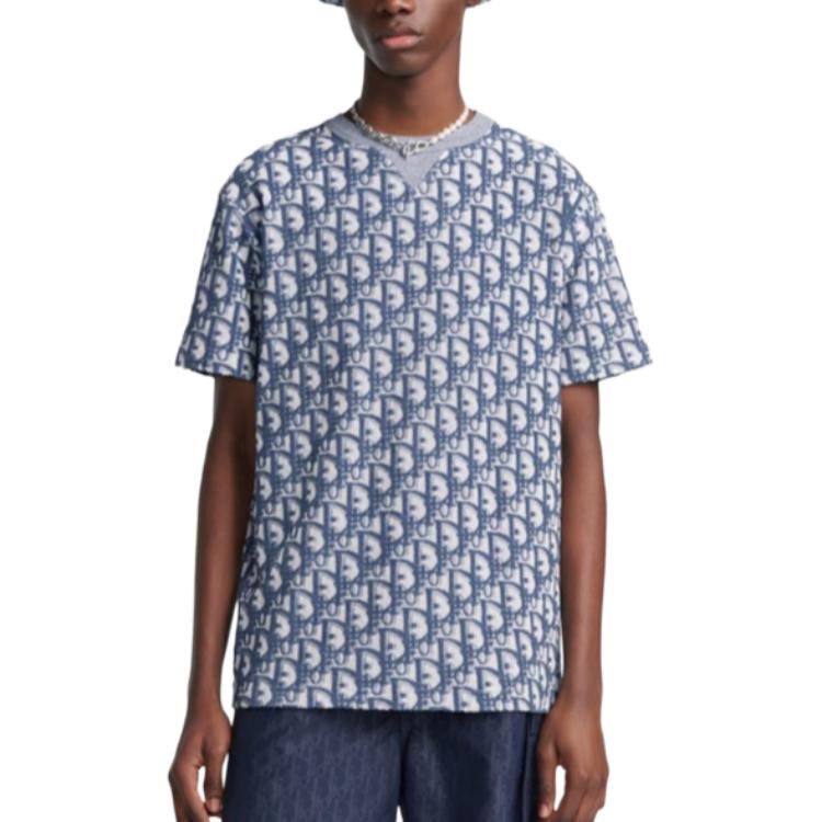 Purchase 디올 오블리크 프린트 오버사이즈 코튼 블렌드 블루 티셔츠 남성용. 483J646A0906-C185
