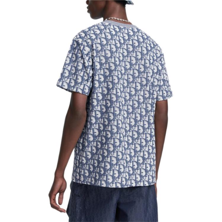 Details for 디올 오블리크 프린트 오버사이즈 코튼 블렌드 블루 티셔츠 남성용. 483J646A0906-C185