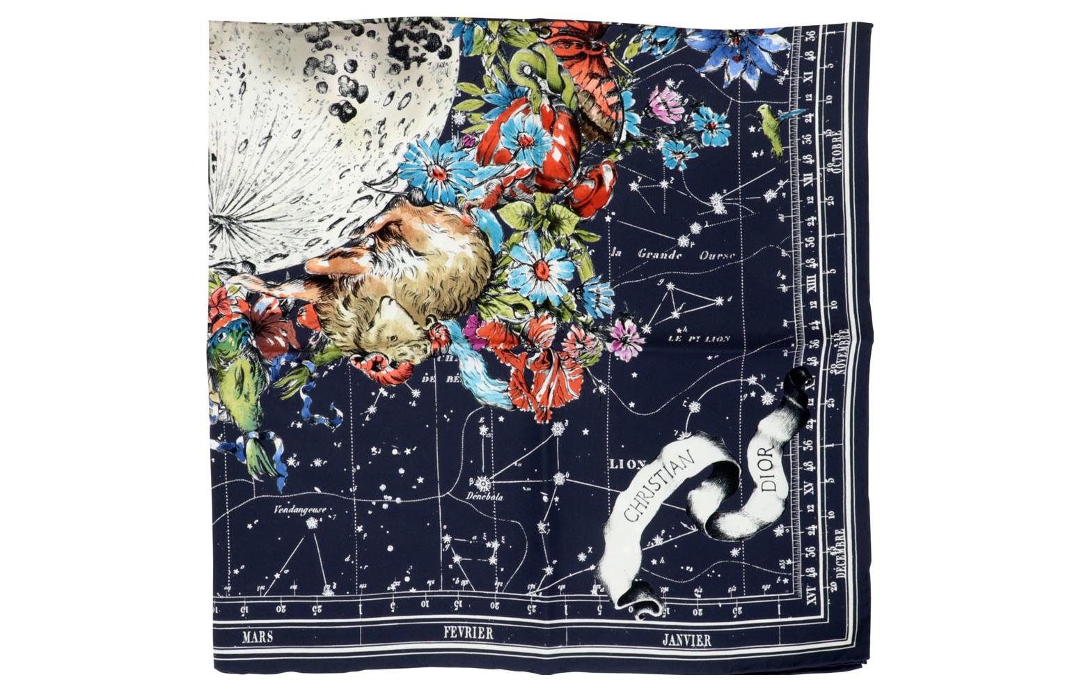 Dior Silk Scarf Blue with Floral and Animal Print Design. 15ZOD090I607556