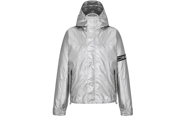 DIOR Silver Hooded Jacket with Logo Sleeve Trim and Tech Fabric 113C404A5041-C085