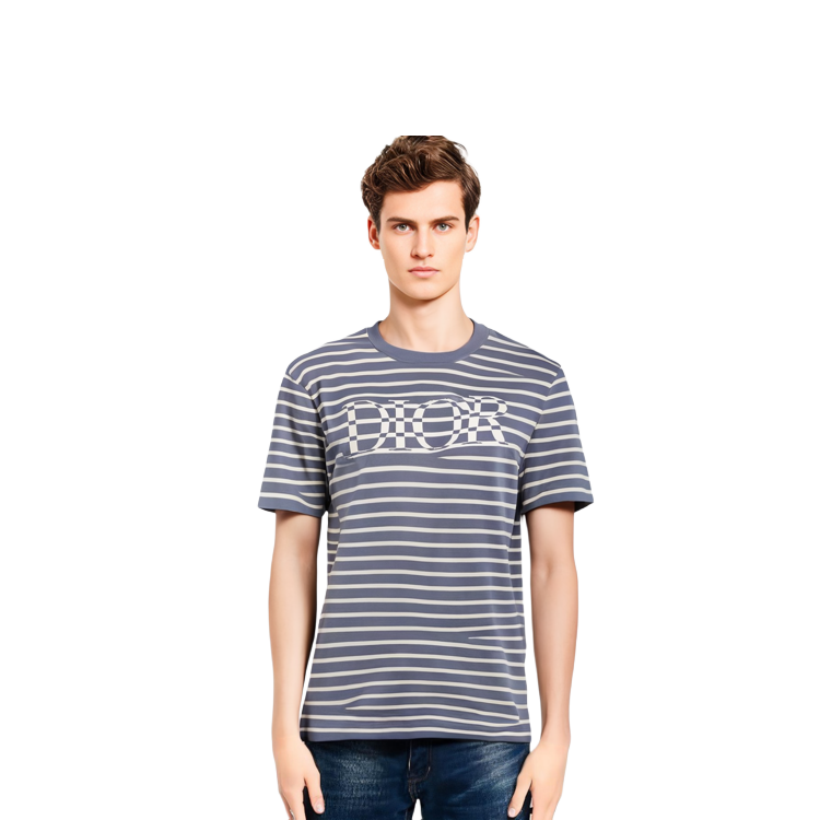 Shop DIOR SS21 Blue Striped Logo Fabric T-Shirt 183M647AT234-C570