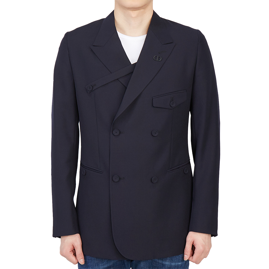 Shop DIOR SS22 雙排扣西裝外套 海軍藍 113C282A5464-C540