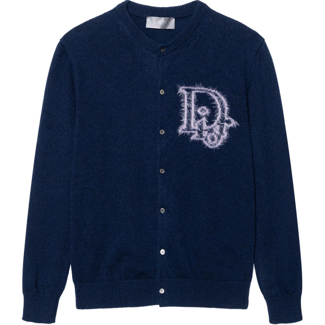 DIOR SS22  Navy Blue Solid Logo Jacquard Single-Breasted Sweater 313M235AT521-C584