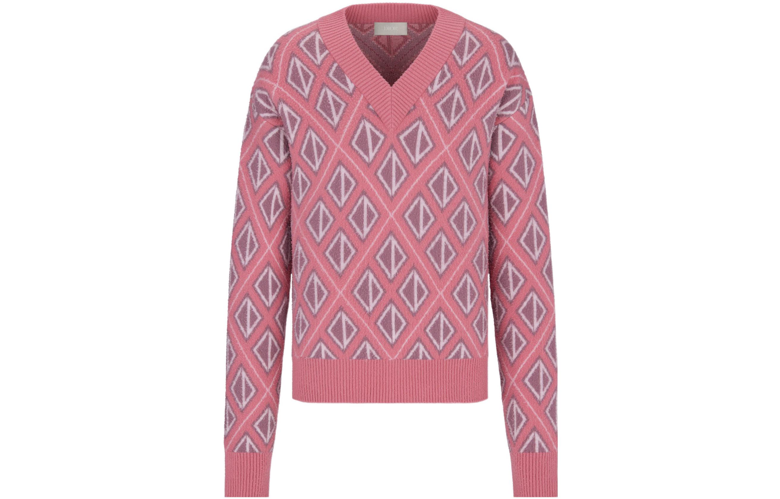 DIOR SS22  Pink Wool Knit Sweater with Diamond Pattern. 283M641AT067-C484