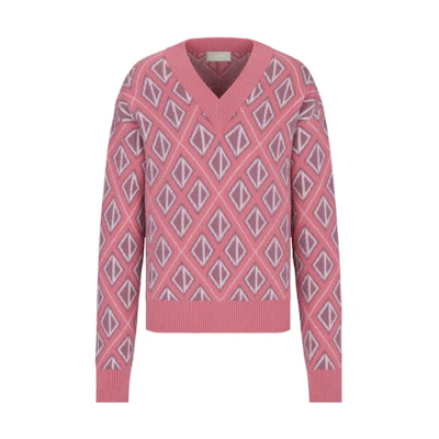 DIOR SS22 Pink Wool Knit Sweater with Diamond Pattern. 283M641AT067-C484