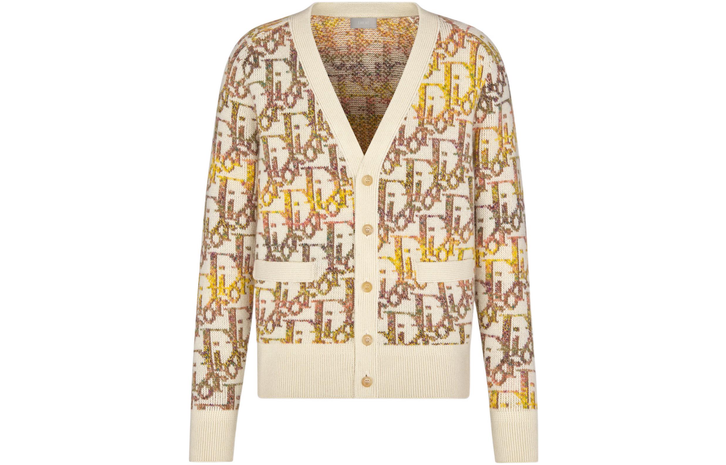 Order DIOR SS22 Cárdigan de Lana Amarillo con Diseño Jacquard y Logo. 213M233AT344-C082