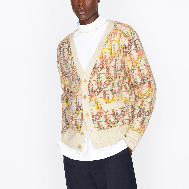 Sizing DIOR SS22 Cárdigan de Lana Amarillo con Diseño Jacquard y Logo. 213M233AT344-C082