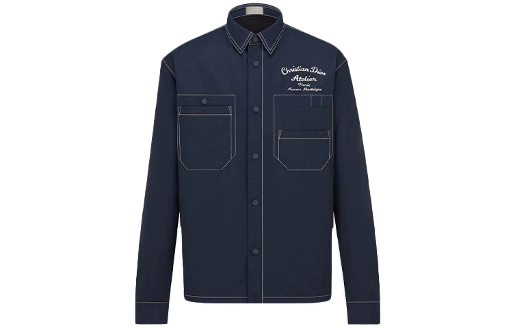 DIOR SS22 Blue Long-Sleeve Shirt with Embroidered Logo Design. 213C512A5456-C580