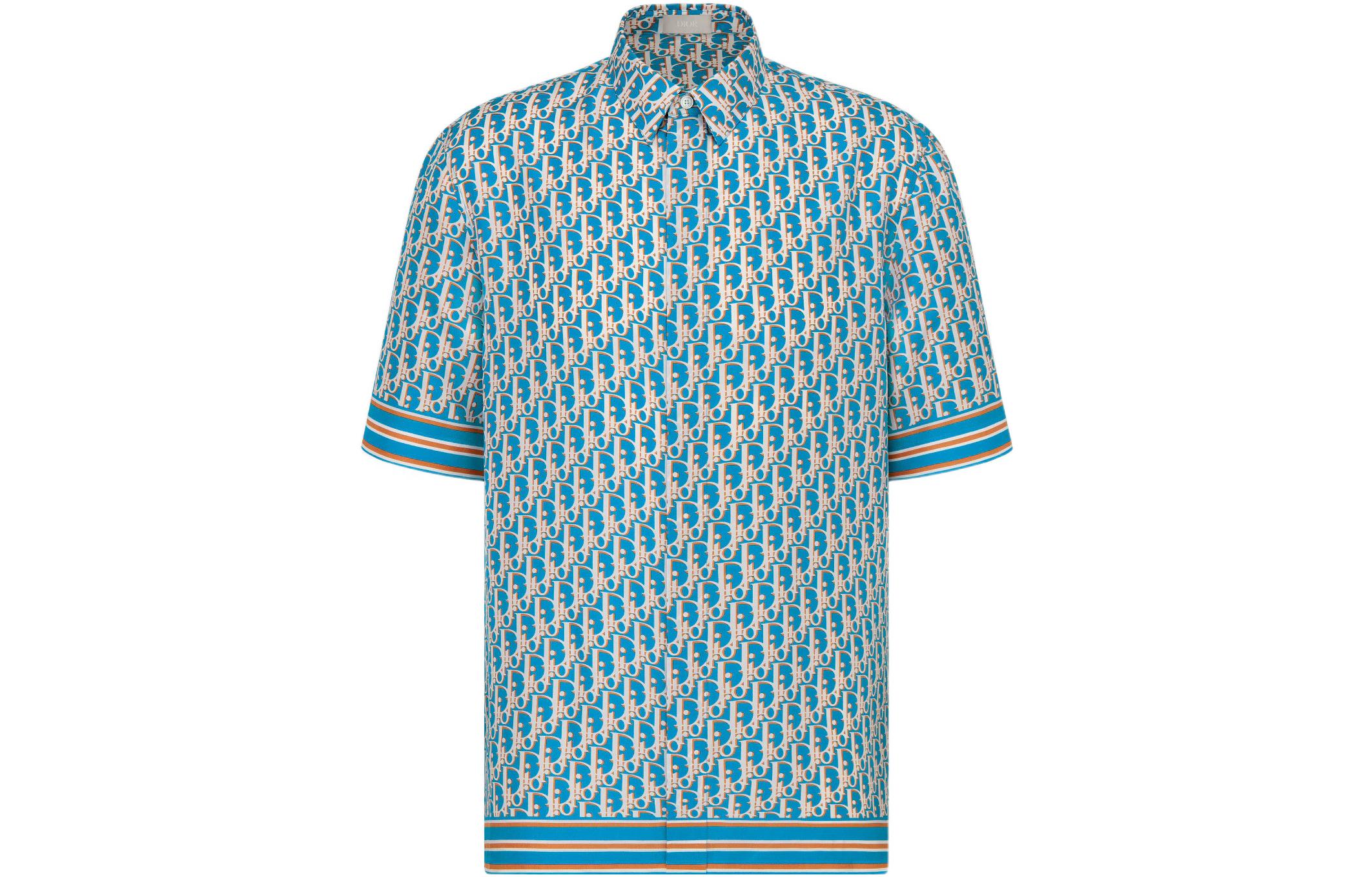DIOR SS22 Blue Short Sleeve Shirt with All-Over Logo Print for Men. 193C545A4751-C582
