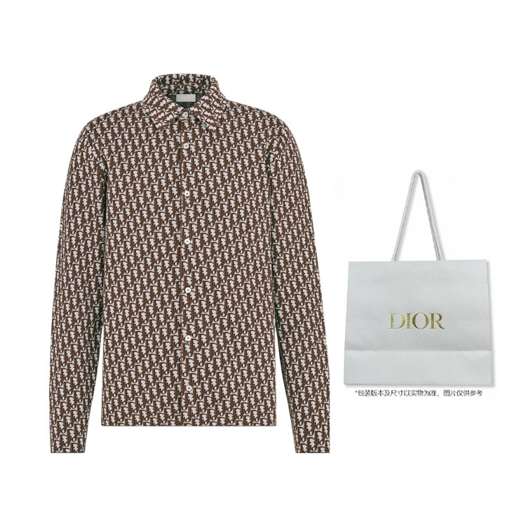 Shop DIOR SS22 Kemeja Coklat Logo Print Lengan Panjang Kasual Lelaki. 023M550AT099-C087