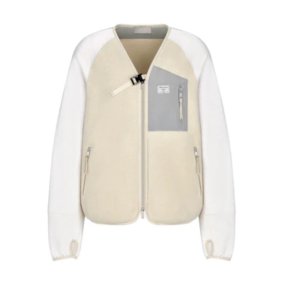 DIOR SS22 CD 1947 Colorblock Logo Patch V-Neck Relaxed Zip Jacket Men Beige 243J433A0801-C080