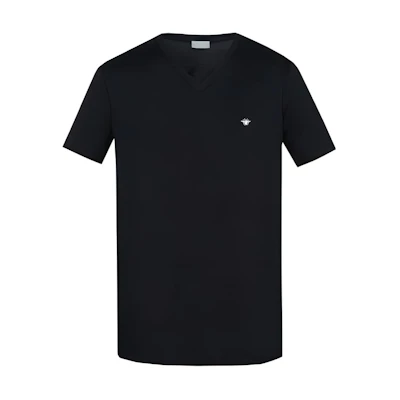 DIOR SS22 Embroidered Bee Logo V-Neck Black Short Sleeve T-Shirt for Men 733J604B0446-C980