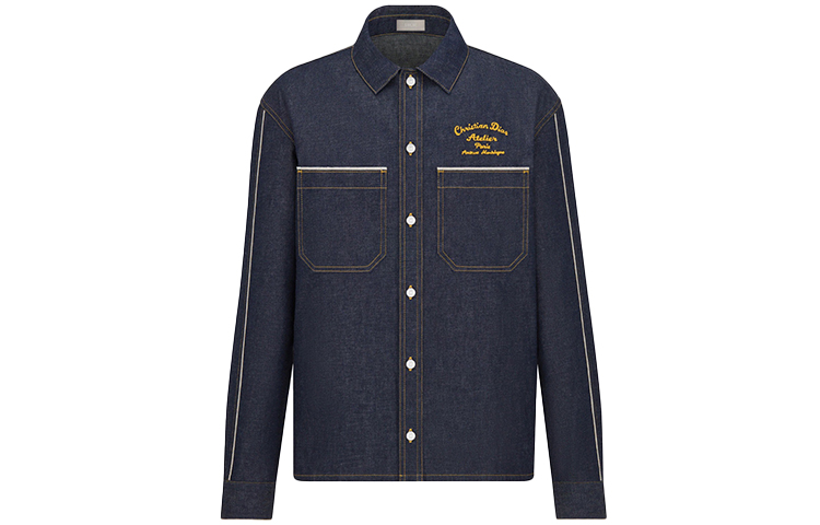 DIOR SS22 Embroidered Logo Cotton Denim Long Sleeve Shirt Blue 213D589AY506-C582