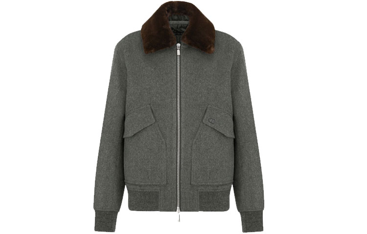 DIOR SS22 Gray Cashmere Aviator Jacket with Detachable Fur Collar 213C449A5040-C887