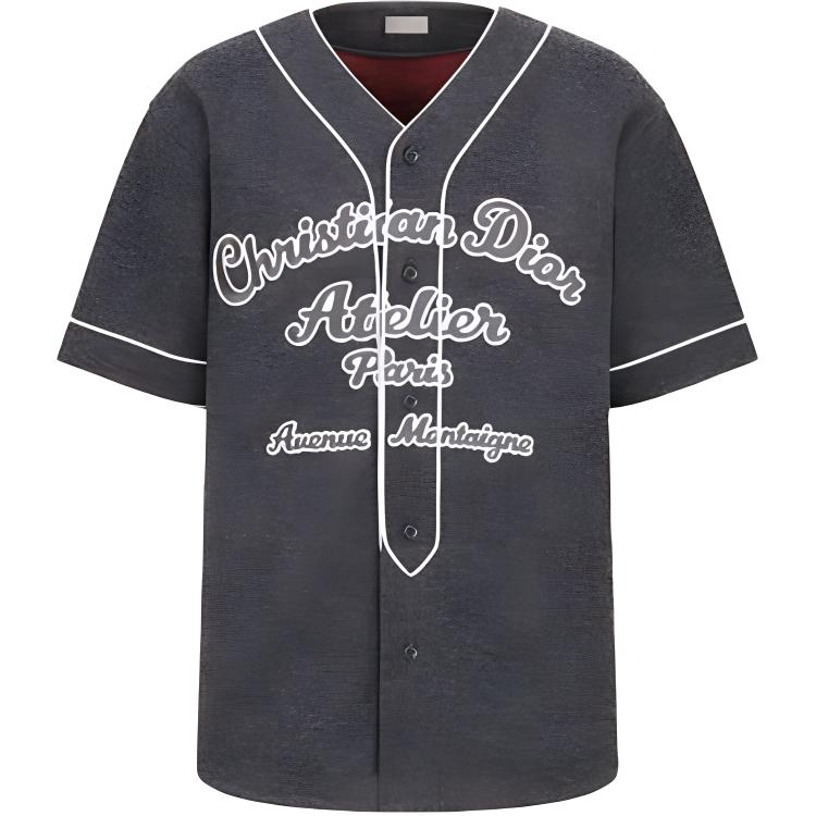 DIOR SS22 Grey Logo Embroidered Knit Baseball Style T-Shirt. 213J530A0663-C883