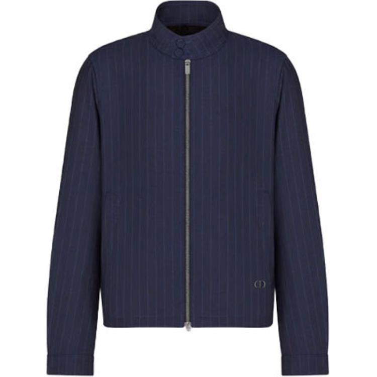 DIOR SS22 Navy Blue Striped Wool Twill Harrington Jacket. 113C440A5467-C585