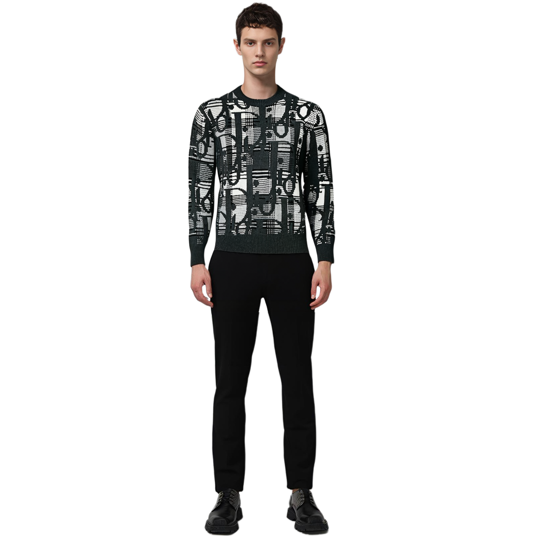 Shop DIOR SS22 Oblique Jacquard Knit Wool Sweater Abu-Abu 213M658AT377-C880