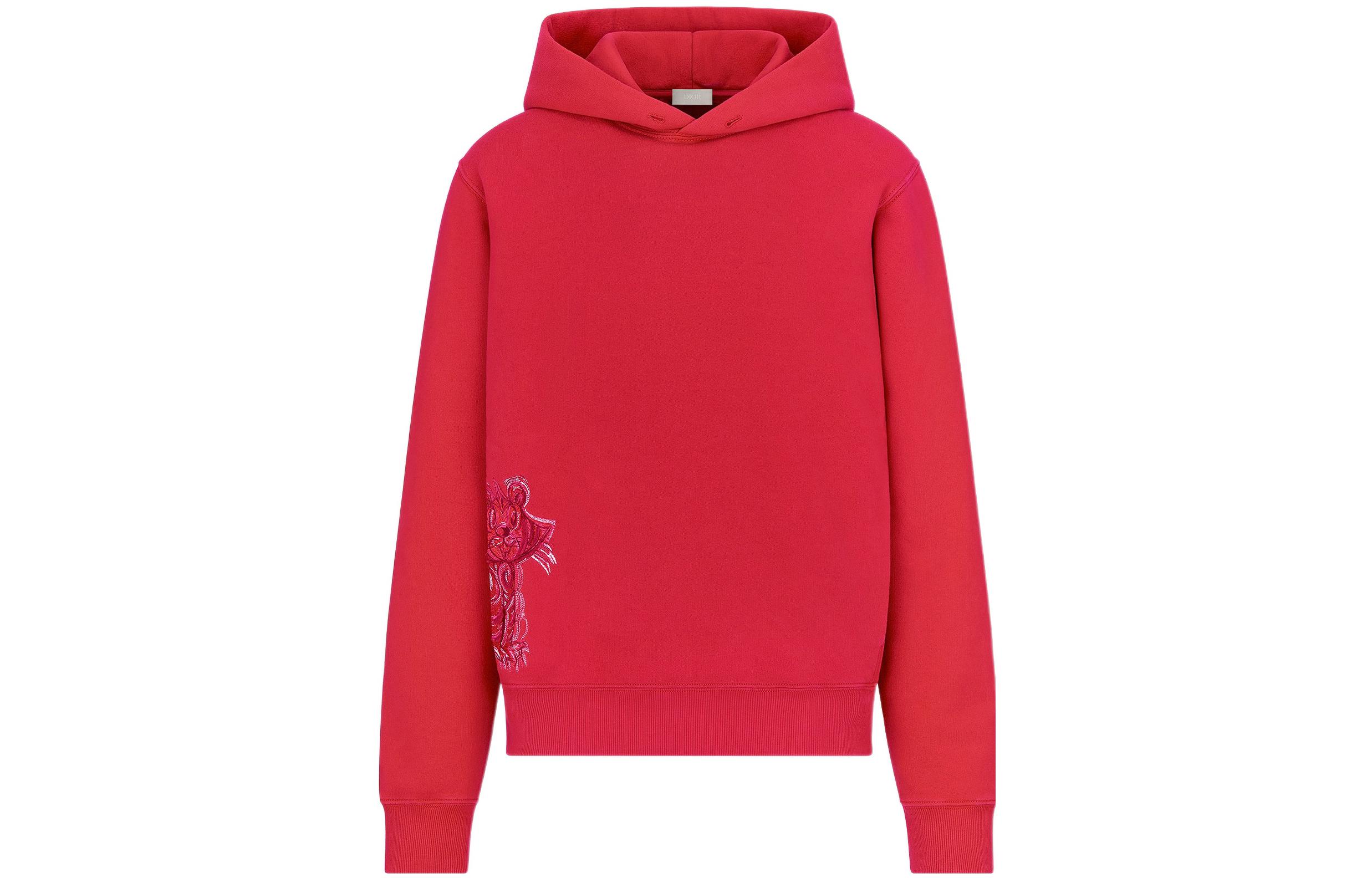 DIOR SS22 Red Embroidered Tiger Velvet Hoodie Mens 213J644A053-1C383