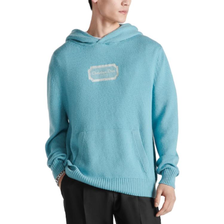 Shop DIOR SS23 ブルーニットフーディー ロゴプリント付き 313M658AT474-C581
