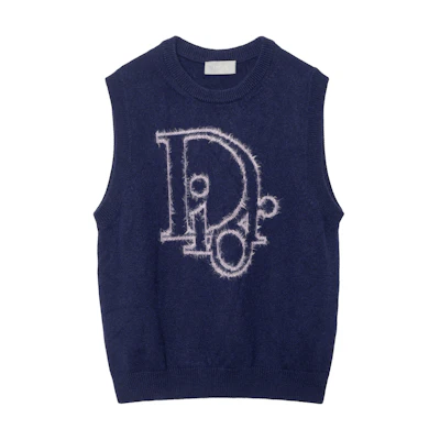 DIOR SS23 Blue Sleeveless Knit Pullover with Logo Crewneck. 313M646AT503-C584