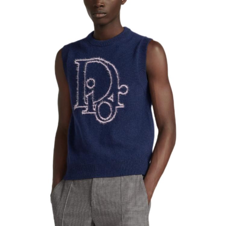 Shop DIOR SS23  Blue Sleeveless Knit Pullover with Logo Crewneck. 313M646AT503-C584