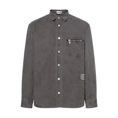 DIOR SS23 Grey Long Sleeve Shirt with Solid Logo Applique. 383D587AY520-C888