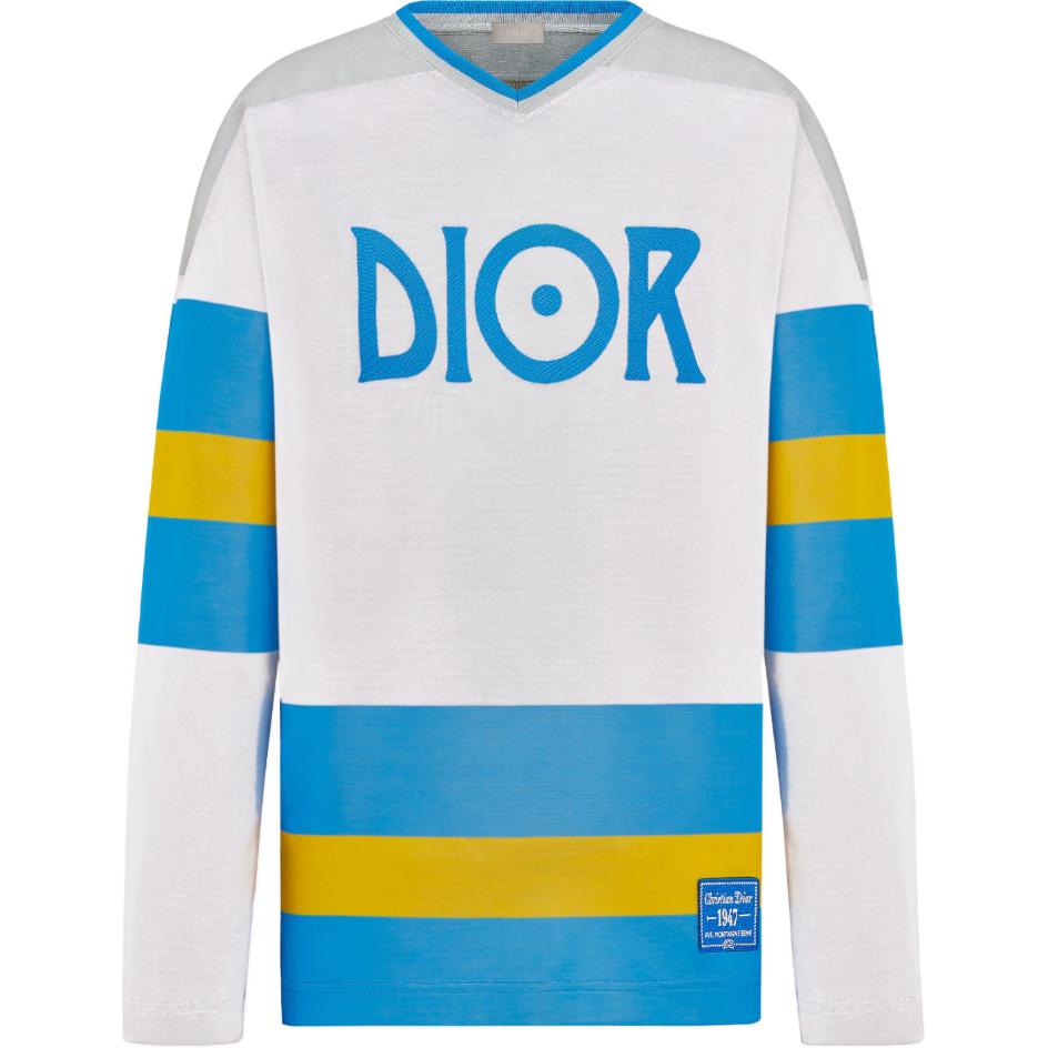 DIOR SS23  Grey V-Neck Long Sleeve T-Shirt with Striped Logo Print. 293J630A0764-C085