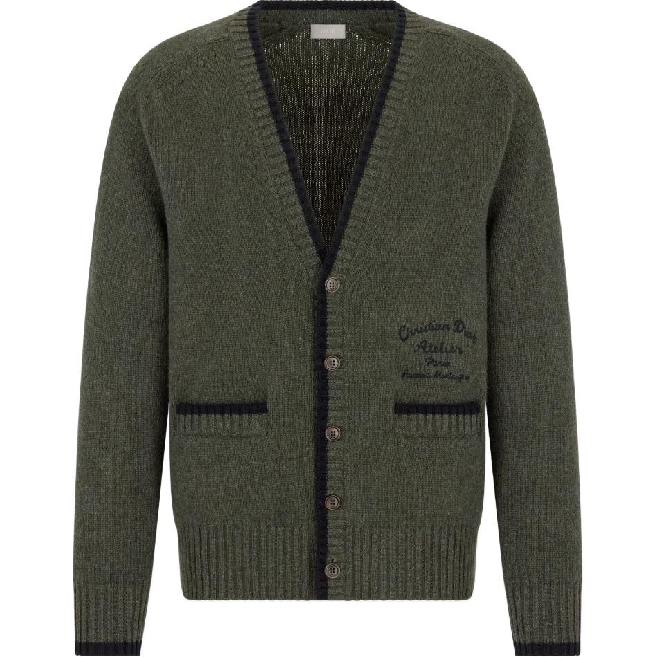 DIOR SS23  Olive Green V-Neck Knit Cardigan with Letter Intarsia. 383M233AT298-C689