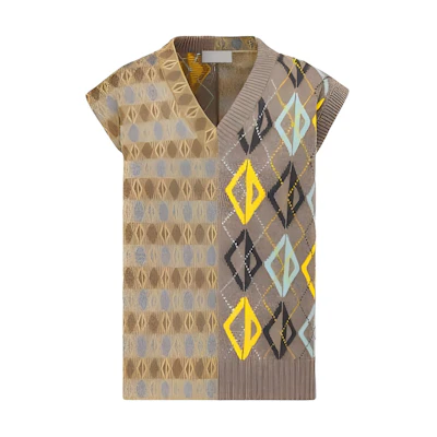 DIOR SS23 Ribbed Argyle Sleeveless V-Neck Sweater Brown Tan 393M647AT695-C181