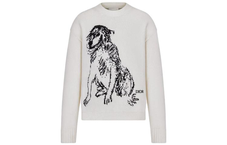 Order DIOR SS23 Sweater Leher Bulat Logo Haiwan Putih Corak Trendy. 383M647AT548-C089