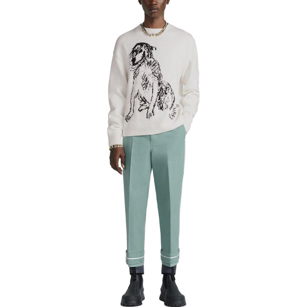 Shop DIOR SS23 Sweater Leher Bulat Logo Haiwan Putih Corak Trendy. 383M647AT548-C089