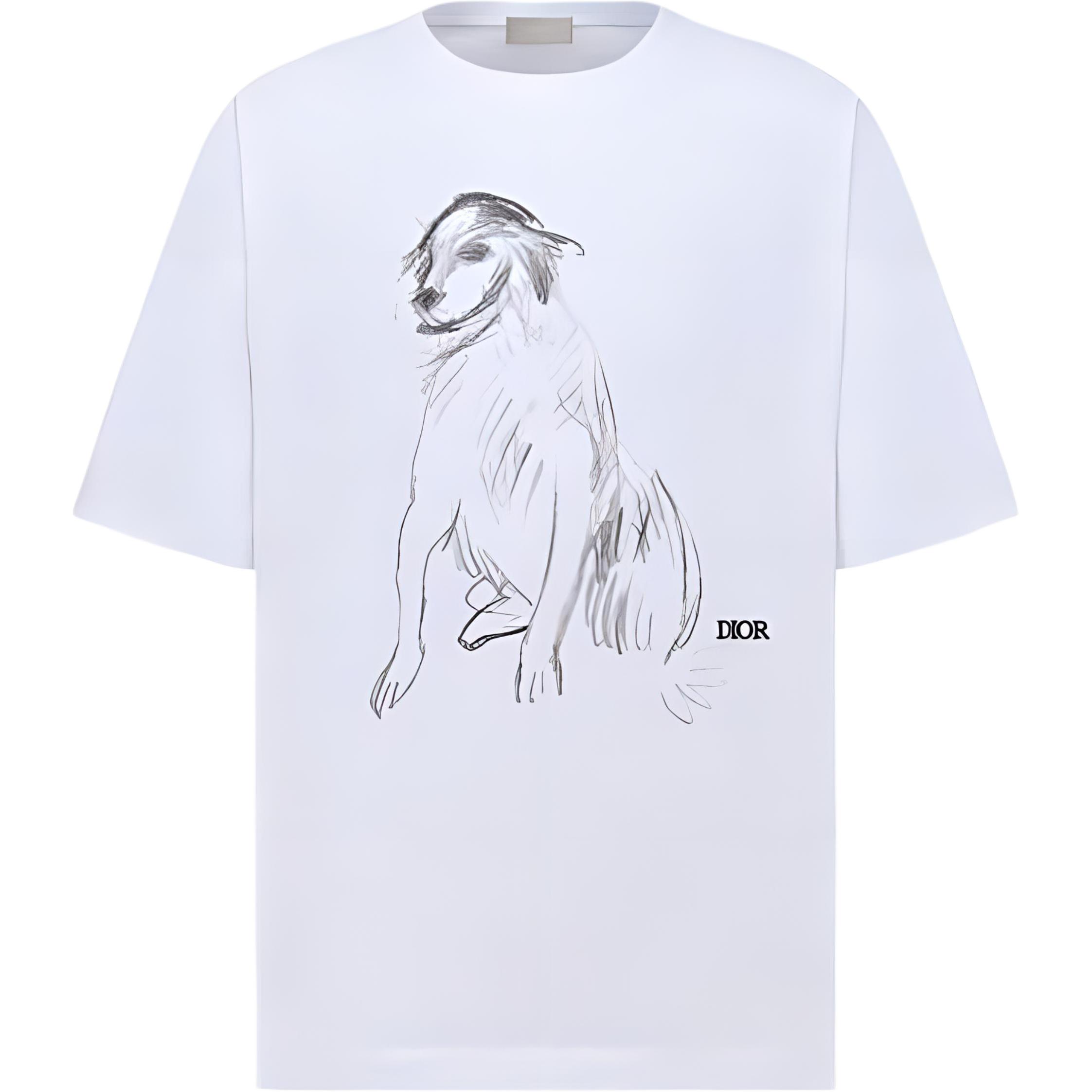 Buy DIOR SS23  White Loose Fit T-Shirt with Dog Sketch Print Design. 383J677A0817-C088