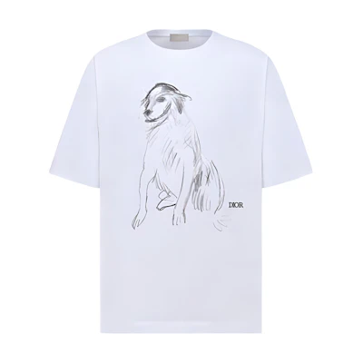 DIOR SS23 White Loose Fit T-Shirt with Dog Sketch Print Design. 383J677A0817-C088