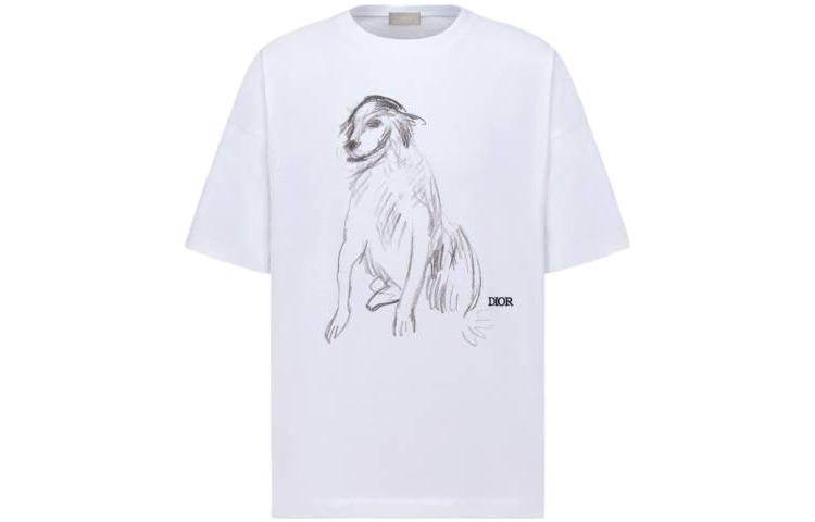 Order DIOR SS23  White Loose Fit T-Shirt with Dog Sketch Print Design. 383J677A0817-C088
