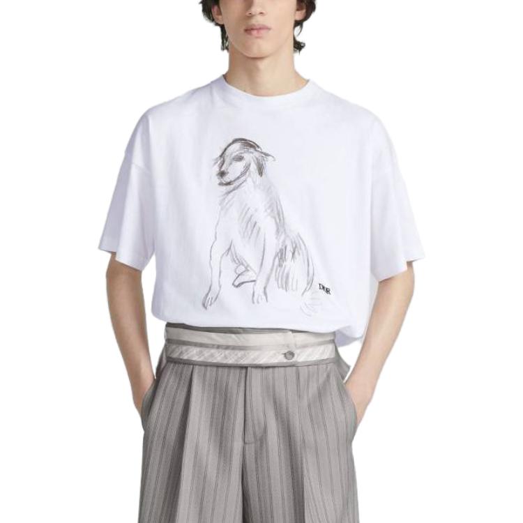 Lookbook DIOR SS23  White Loose Fit T-Shirt with Dog Sketch Print Design. 383J677A0817-C088