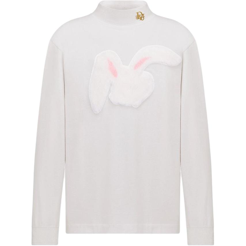 DIOR SS23  White Lunar New Year Rabbit Embroidered Long Sleeve Tee. 313J645A0554-C081