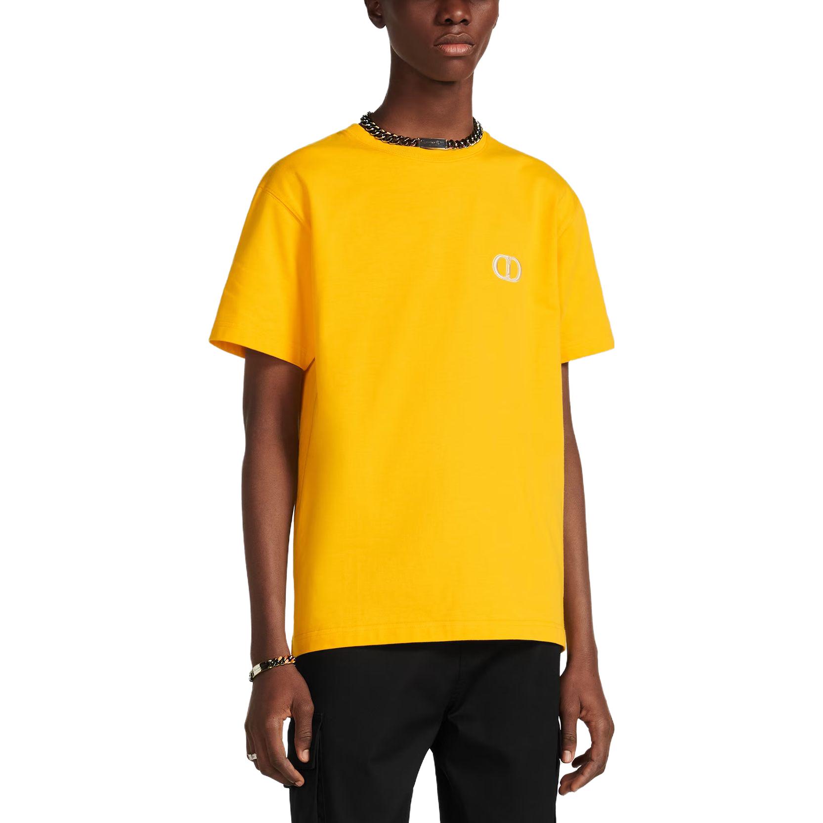 Shop DIOR SS23  Yellow Logo Embroidered Casual Crewneck T-Shirt 943J605A0554-C281