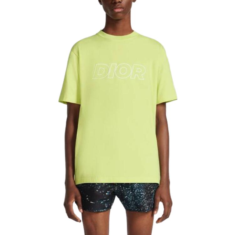 Shop DIOR SS23 Embroidered Logo Yellow Crewneck Casual T-Shirt for Men. 393J696E0847-C680