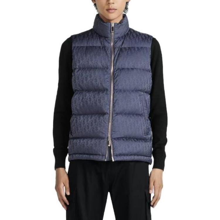 Details for 디올 SS23 남성용 로고 엠보싱 지퍼 다운 베스트 그레이 블루. 033C410A4462-C849